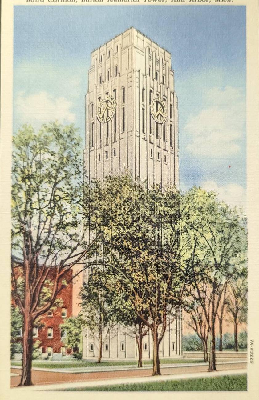 Baird Carillon - Burton Memorial Tower - Ann Arbor, Michigan - 1940s Linen Postcard