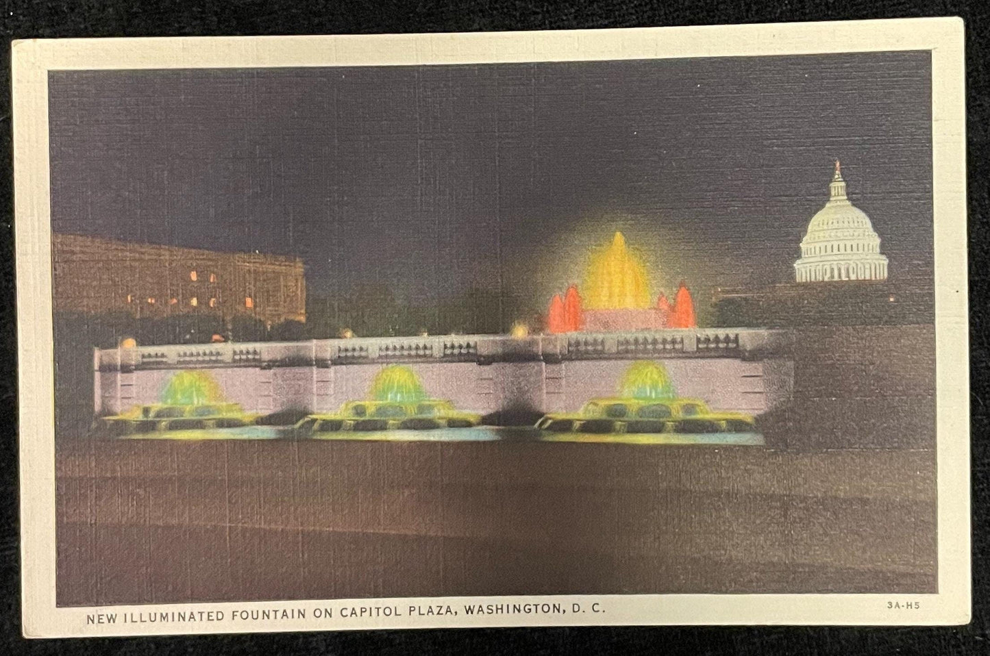 New Illuminated Fountain - Capitol Plaza - Washington D.C., Maryland - 1940s Linen Postcard