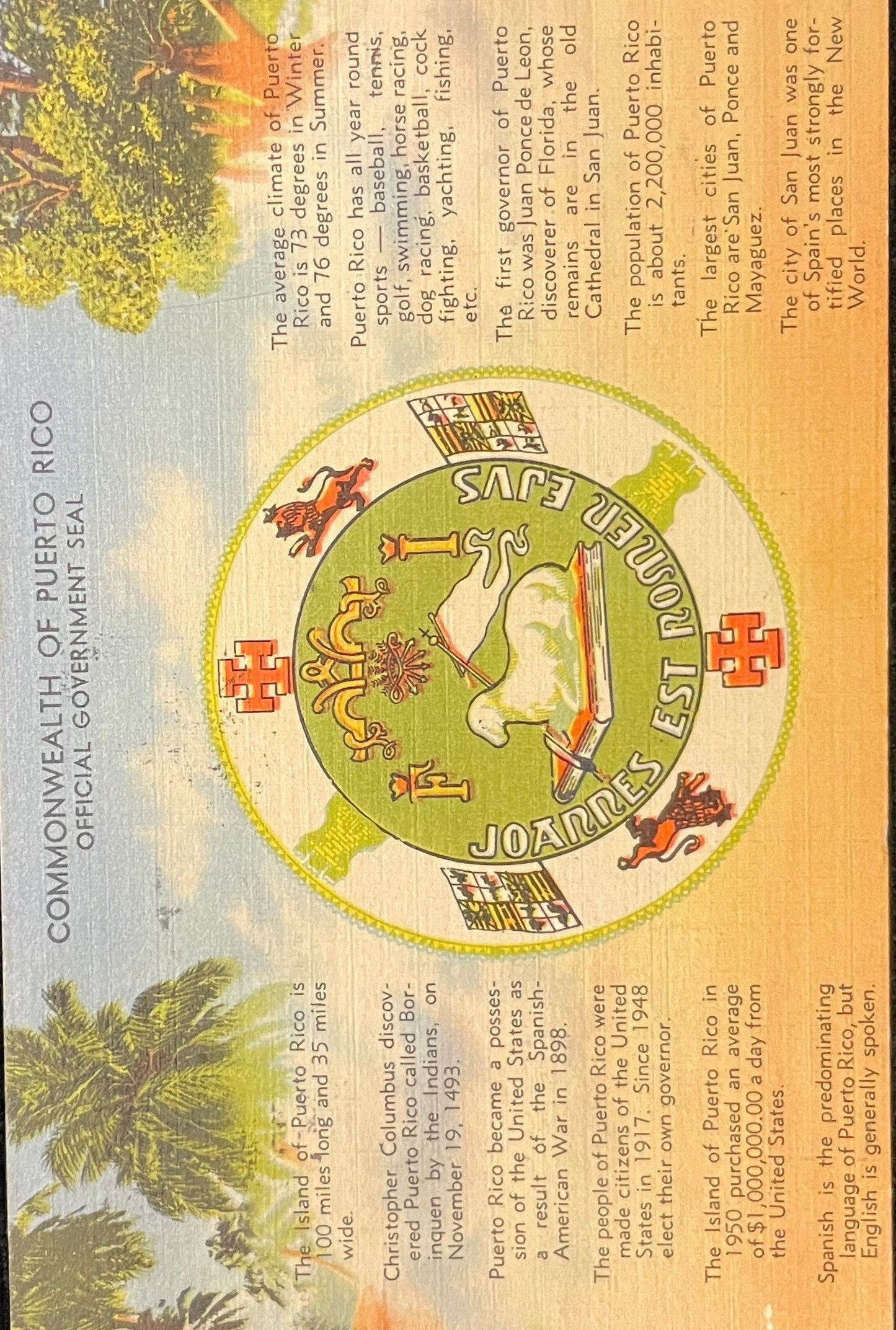 Commonwealth of Puerto Rico - 1950s International Linen Postcard
