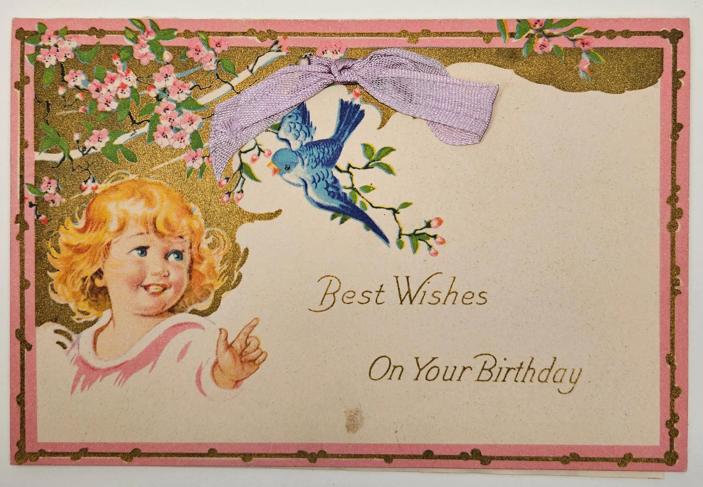 Birthday Card with Bow 1920 -Best Wishes on Your Birthday - Floral Cherry Blossom - Blue Bird - Blonde Little Girl - Card With Purple Ribbon