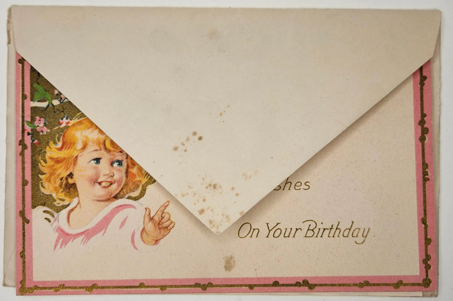 Birthday Card with Bow 1920 -Best Wishes on Your Birthday - Floral Cherry Blossom - Blue Bird - Blonde Little Girl - Card With Purple Ribbon