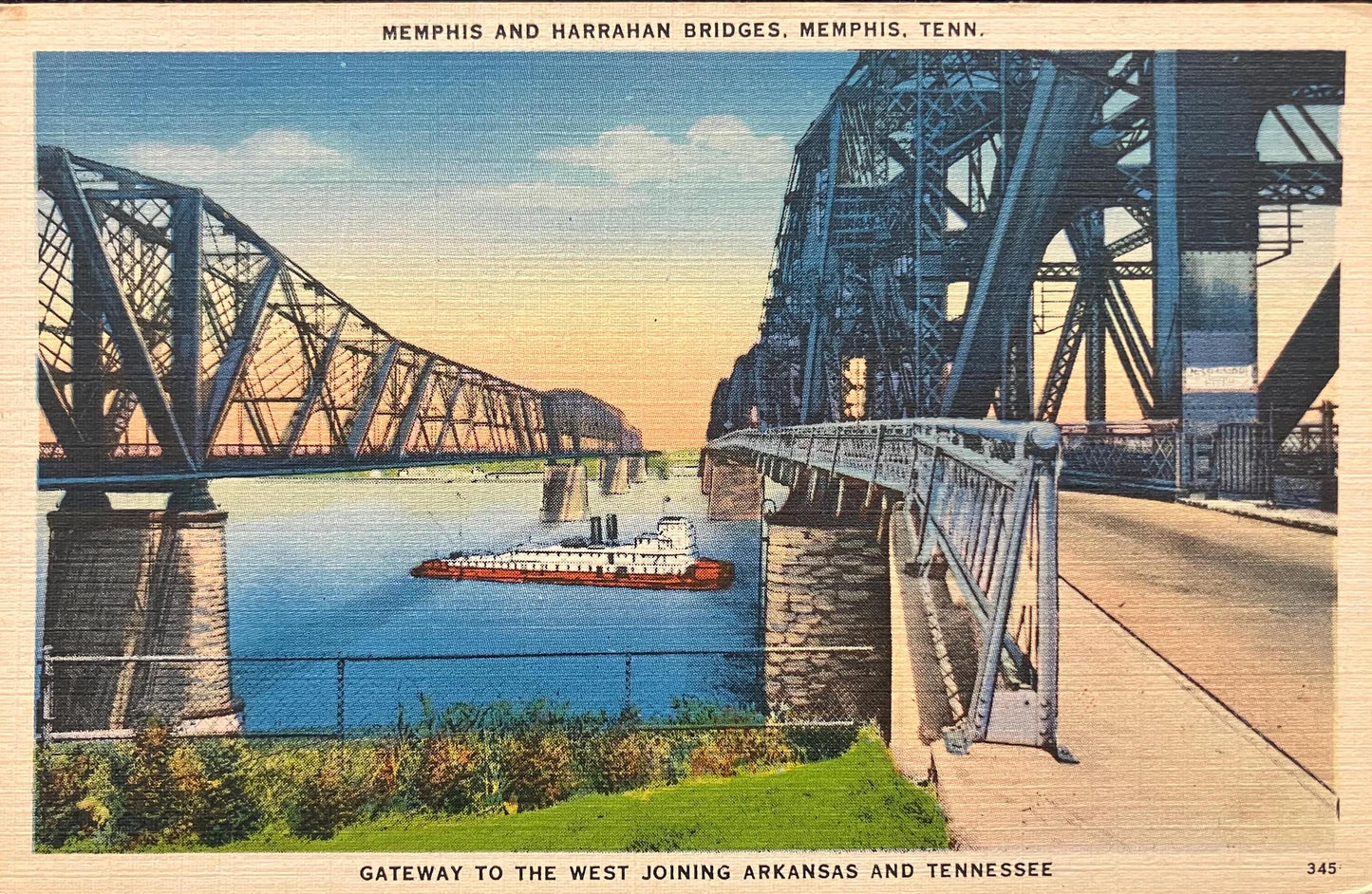 Memphis and Harrahan Bridges - Memphis, Tennessee - Gateway to the West Joining Arkansas and Tennessee - 1940s Linen - Bridge Postcard