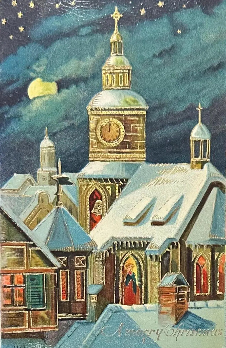 Starry Night Town Winter Scene - A Merry Christmas - Vintage Postcard 1910