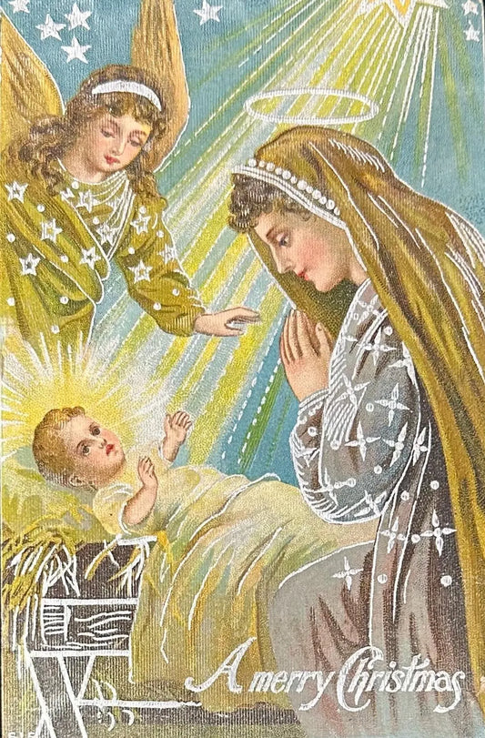 Baby Jesus and Prayer with Mary & Angels - A Merry Christmas - Vintage Postcard 1909