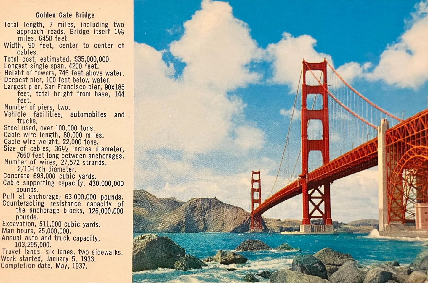 Facts about the Golden Gate Bridge in San Francisco, California - Vintage Bridge Postcard