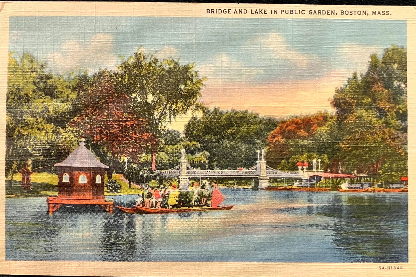 Bridge and Lake in Public Garden, Boston, Massachusetts - Vintage Postcard