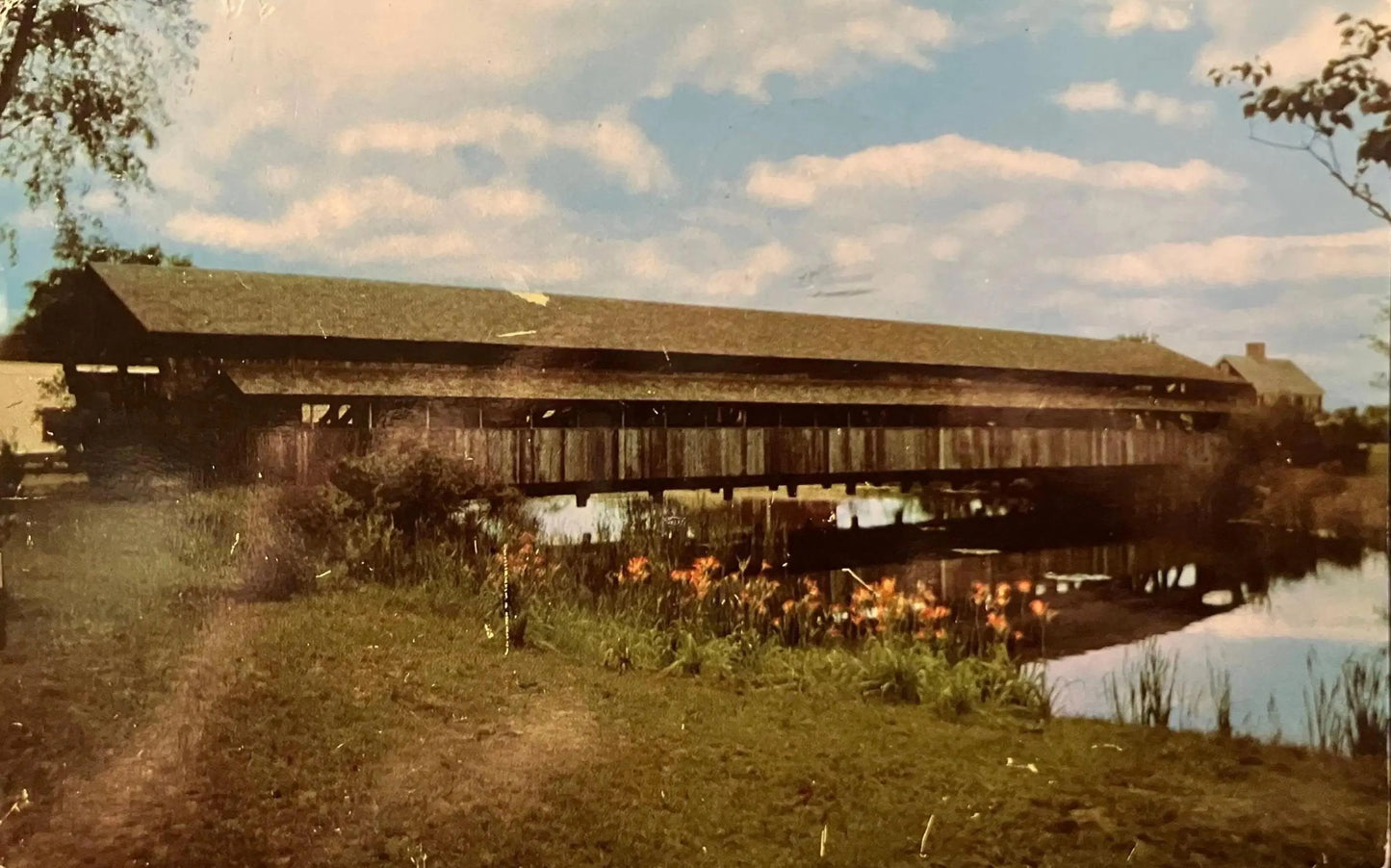 Covered Bridge Double Lane and Pedestrian Walk at Shelburne Museum in Shelburne, Vermont - Vintage 1950s Bridge Postcard