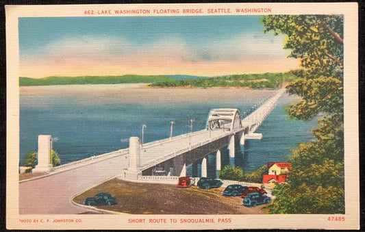 Lake Washington Floating Bridge Seattle, Washington - Short Route to Snoqualmie Pass - Photo by C. P. Johnston Co. - Vintage Bridge Postcard
