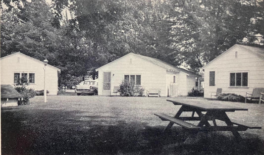 Black and white photo of a house with trees and a front lawn