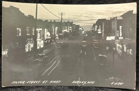 RPPC - Silver Street - Hurley, Wisconsin Nighttime Photo - Vintage Real PhotoPostcard