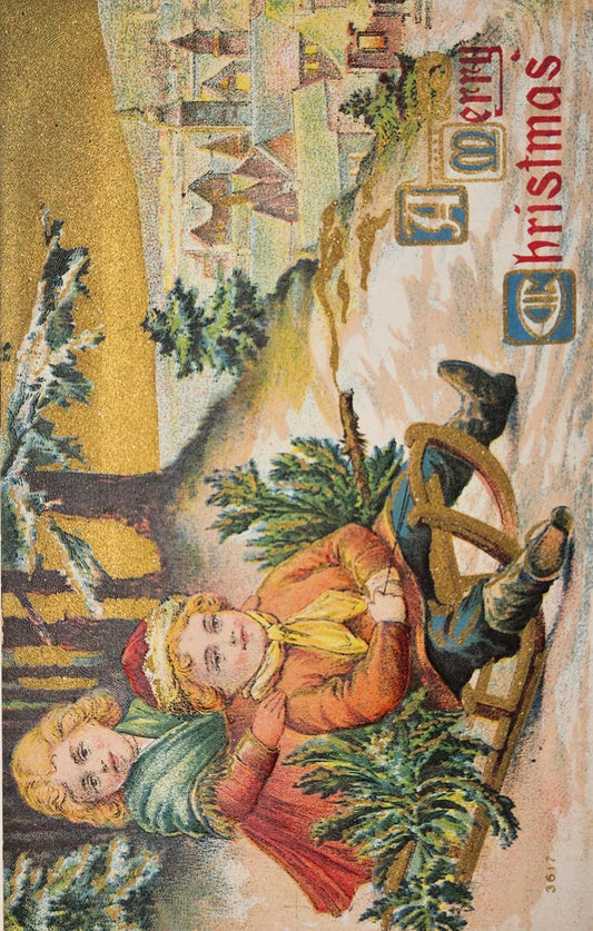 Two Blonde Children On A Sled - "A Merry Christmas" - Vintage Postcard