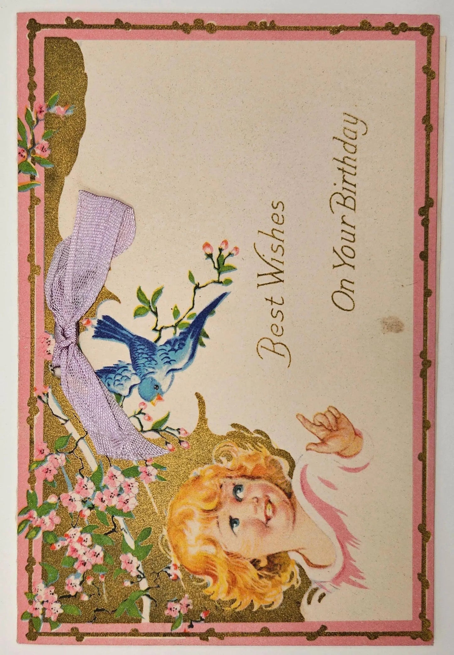 Birthday Card with Bow 1920 -Best Wishes on Your Birthday - Floral Cherry Blossom - Blue Bird - Blonde Little Girl - Card With Purple Ribbon