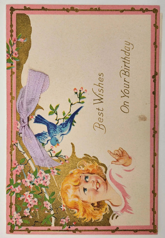 Birthday Card with Bow 1920 -Best Wishes on Your Birthday - Floral Cherry Blossom - Blue Bird - Blonde Little Girl -  Card With Purple Ribbon