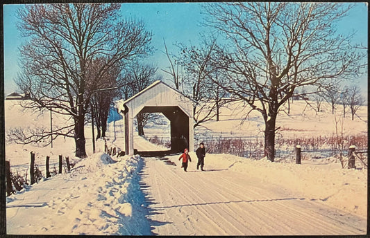Snow Capped Mill Seat, Covered Bridge No. 7 in Columbiana County, Ohio - Photo: Hallie Jones - Miller Road Bridge - Vintage Bridge Postcard