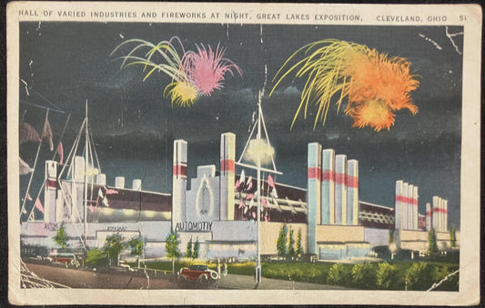 Hall of Varied Industries and Fireworks at Night, Great Lakes Exposition, Cleveland, Ohio - Vintage Postcard