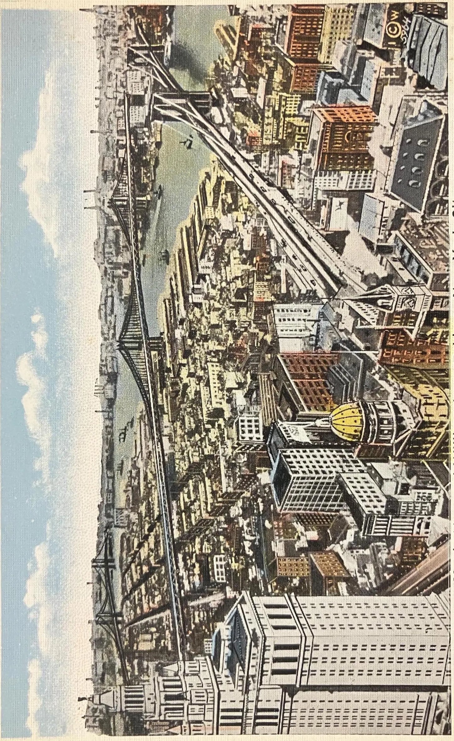 Looking East from the Woolworth Building, Showing Brooklyn, Manhattan, and Williamsburg Bridges, New York City - Vintage Bridge Postcard