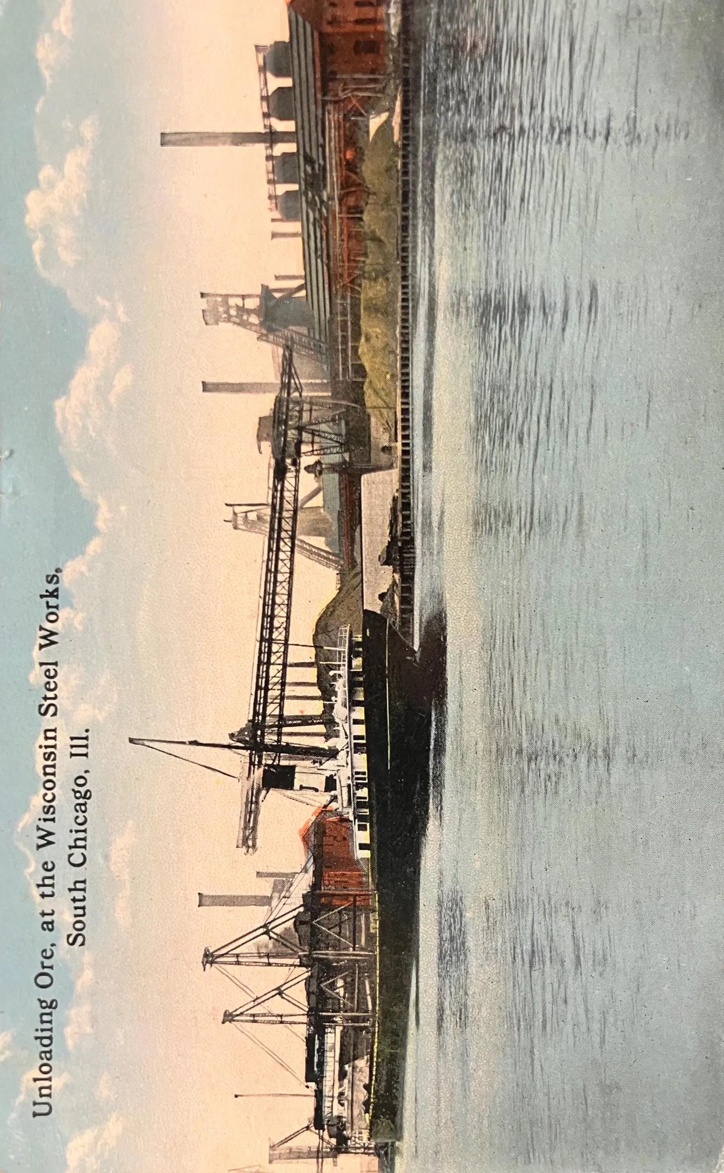 Unloading Ore at the Wisconsin Steel Works, South Chicago, Illinois - Vintage Boats Postcard