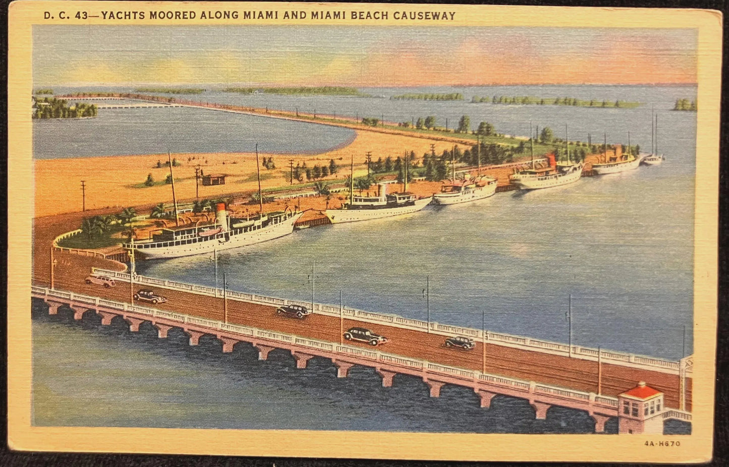 Yachts Moored Along Miami and Miami Beach Causeway, Florida - Vintage Bridge Postcard