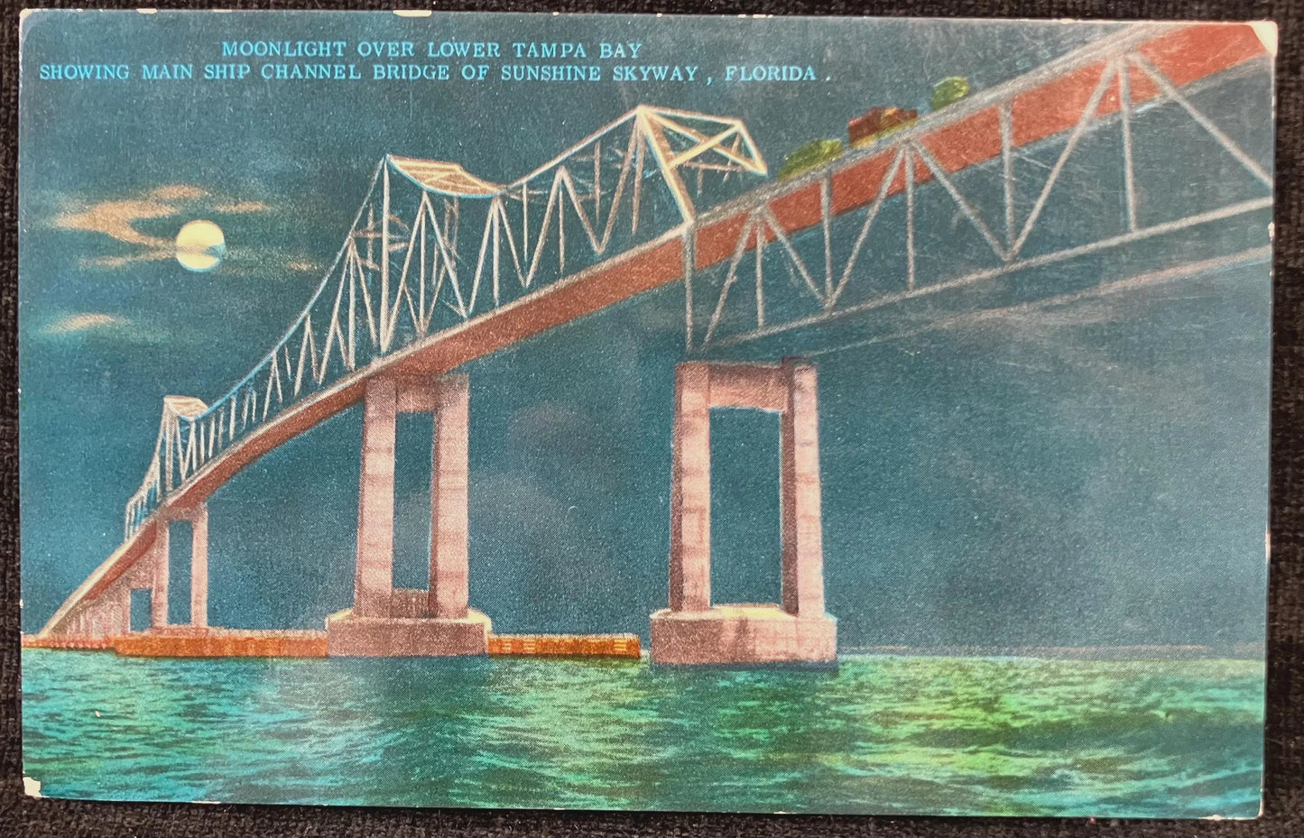 Moonlight Over Lower Tampa Bay Showing Main Ship Channel Bridge of Sunshine Skyway, Florida - Vintage Bridge Postcard
