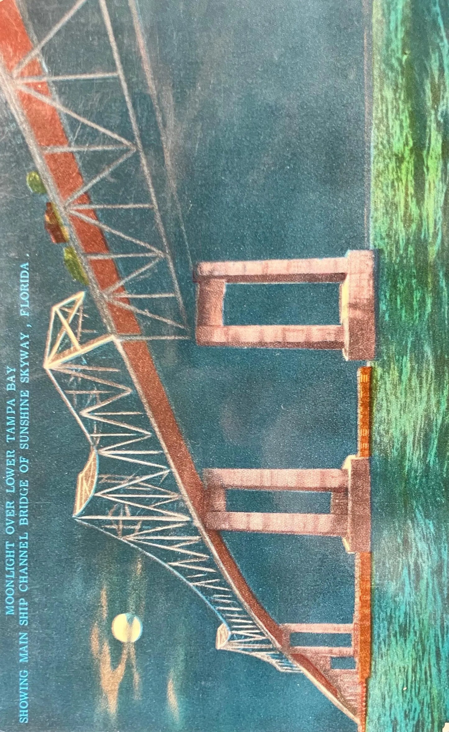 Moonlight Over Lower Tampa Bay Showing Main Ship Channel Bridge of Sunshine Skyway, Florida - Vintage Bridge Postcard