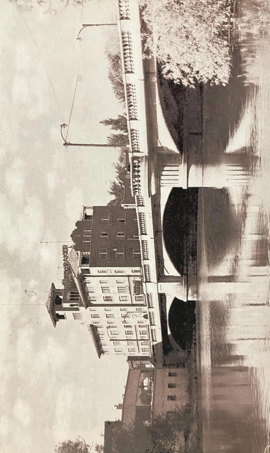 Hotel Baker and Main Street Bridge from Fox River - St. Charles, Illinois - Vintage Hotel Postcard