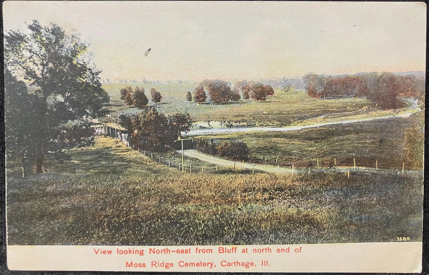 View looking North-east from Bluff at north end of Moss Ridge Cemetery, Carthage, Illinois - Made in Germany - Vintage Cemetery Postcard
