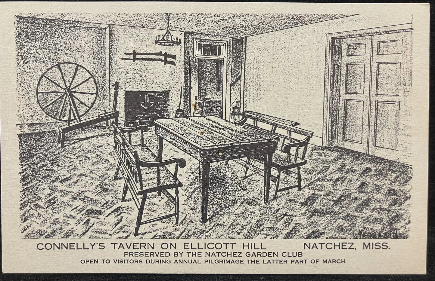 Connelly’s Tavern on Elliott Hill - Natchez, Mississippi - Taproom - Preserved by the Natchez Garden Club Open - Vintage Tourism Postcard