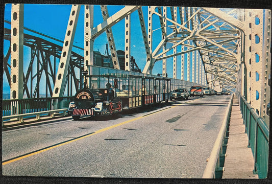 Soo Tour Train on the International Bridge - Saul Ste. Marie, Michigan - Vintage Bridge Postcard