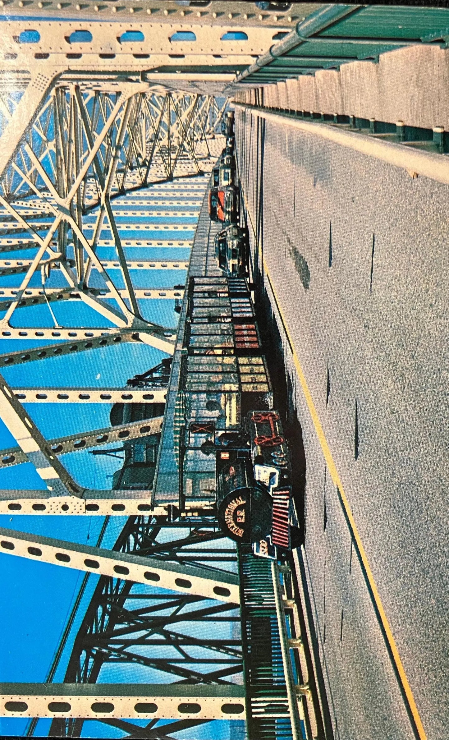 Soo Tour Train on the International Bridge - Saul Ste. Marie, Michigan - Vintage Bridge Postcard