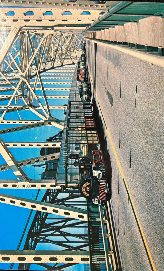 Soo Tour Train on the International Bridge - Saul Ste. Marie, Michigan - Vintage Bridge Postcard