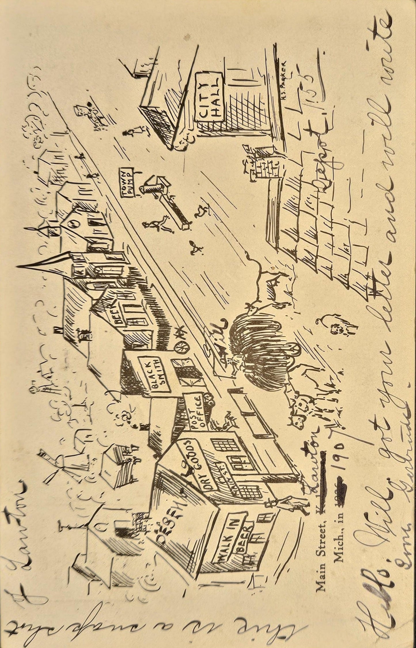 Drawing of Lawton/Kalamazoo, Michigan - Vintage 1907 Hand-Drawn Postcard with sender Art Additions