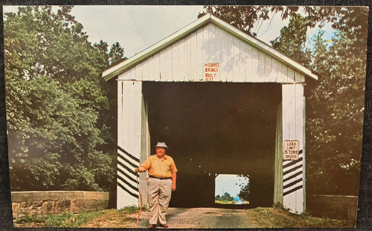 Kermit (Sassafras) Spencer in front of Moore Bridge in Gibson County, Indiana - Photo: Mitchell - Vintage Covered Bridge Postcard