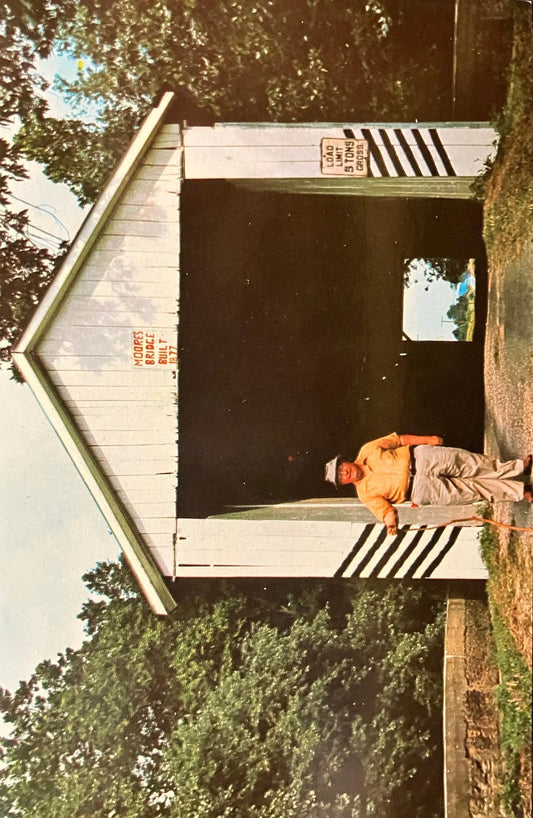 Kermit (Sassafras) Spencer in front of Moore Bridge in Gibson County, Indiana - Photo: Mitchell - Vintage Covered Bridge Postcard