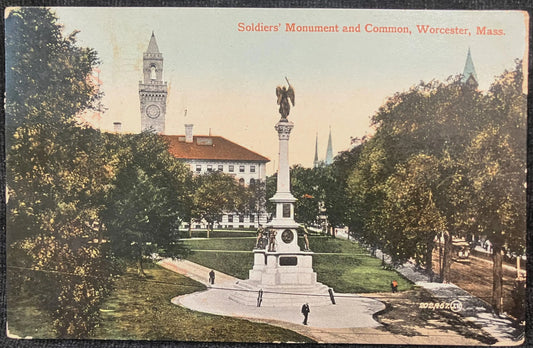 Soldier’s Monument and Common, Worcester, Massachusetts - 202,457. J.V - Printed in Great Britain - Vintage Army Postcard