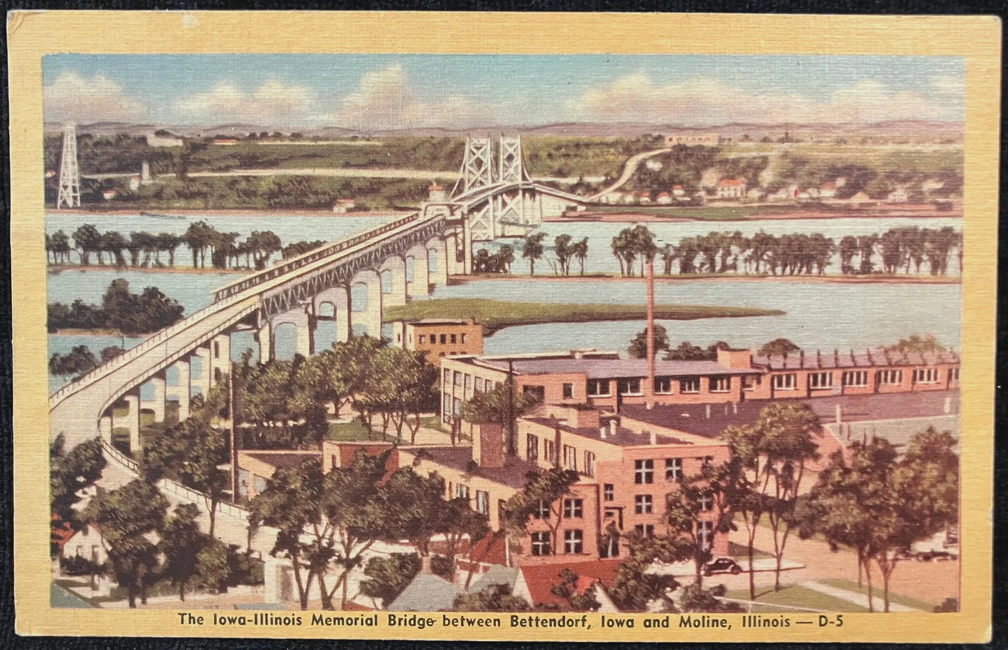 The Iowa - Illinois Memorial Bridge between Bettendorf, Iowa and Moline, Illinois - Vintage Bridge Postcard
