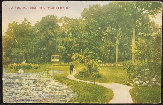 Lily Pond and Flower Bed, Winona Lake, Indiana - Vintage Postcard