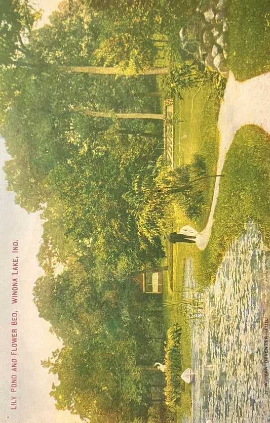 Lily Pond and Flower Bed, Winona Lake, Indiana - Vintage Postcard