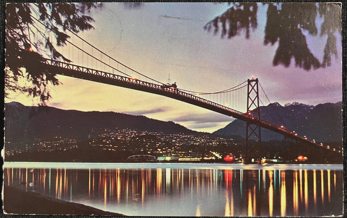 Lions Gate Bridge at Dusk, Vancouver, B.C., Canada - Photo by Rolly Ford - Vintage Postcard