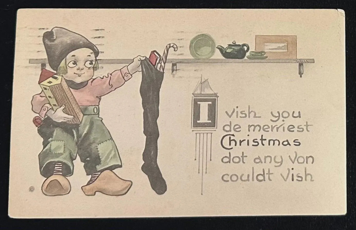 Vintage Christmas card with a cartoon elf and text on a plain background