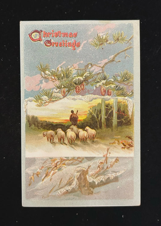 Christmas Greetings - Shepherd and Sheep snow scene - Vintage Holiday Postcard