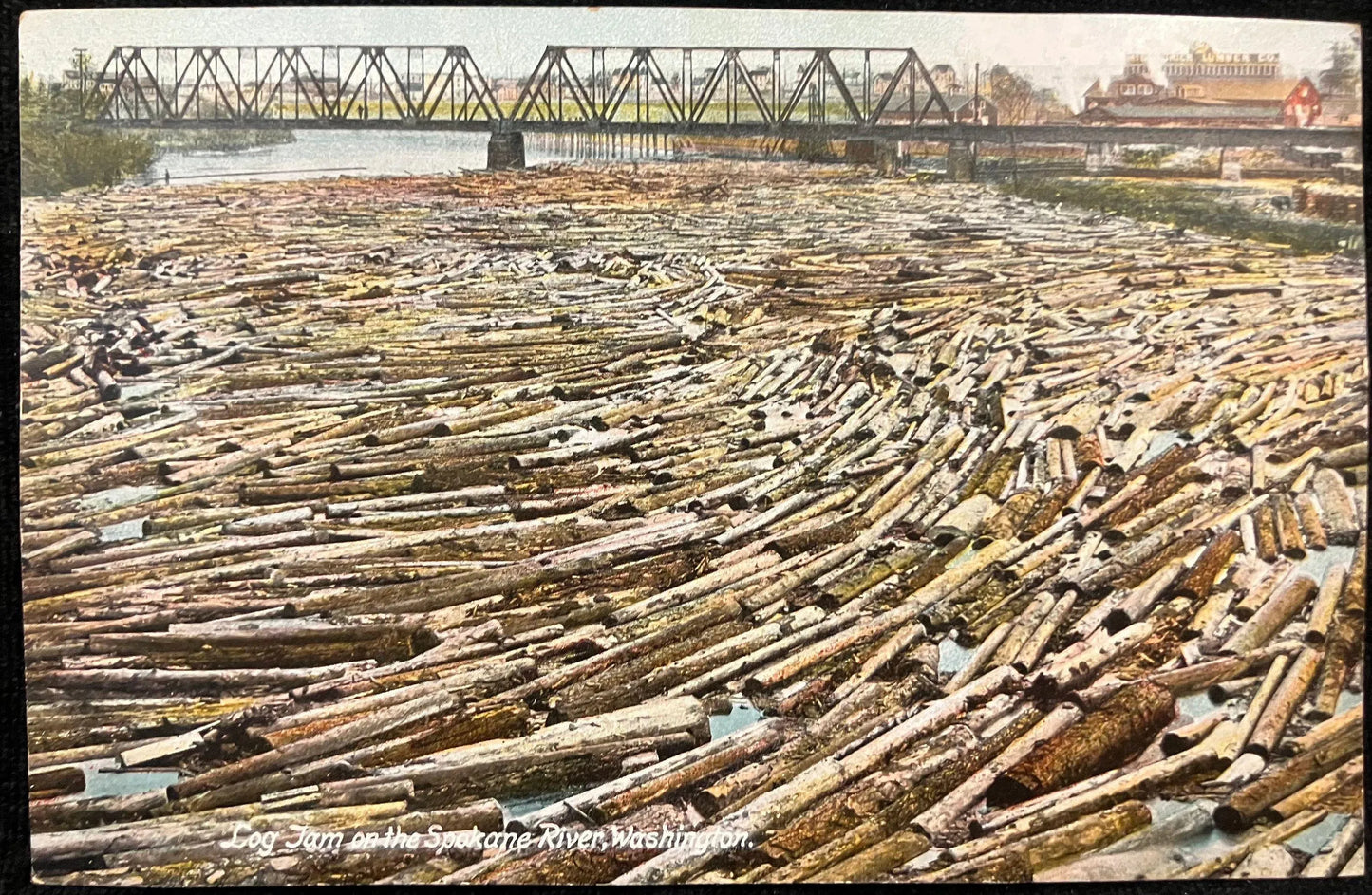 Log Jam on the Spokane River, Washington - Vintage Postcard