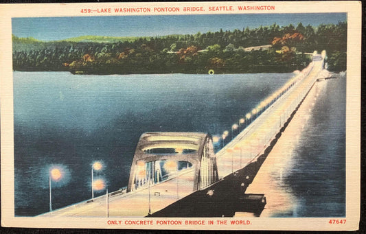 Lake Washington Pontoon Bridge, Seattle, Washington - Only Concrete Pontoon Bridge in the World - Vintage Bridge Postcard