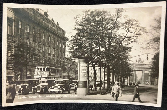 RPPC - Berlin. Unter den Linden mit Hotel Adion, Germ, Pre WWII - Vintage International Postcard