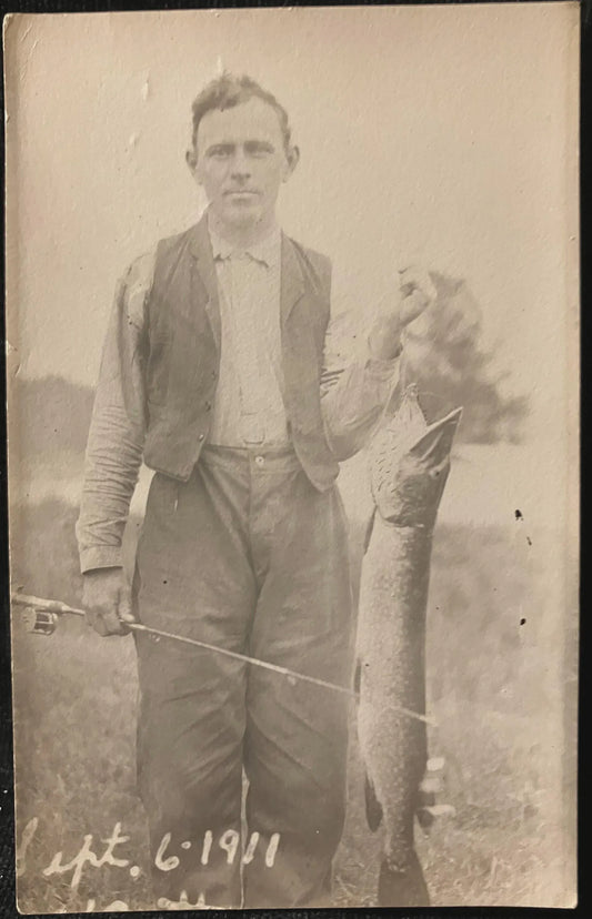 RPPC - Man Standing with Northern Pike - Sept. 6, 1911 - Vintage Fishing Postcard