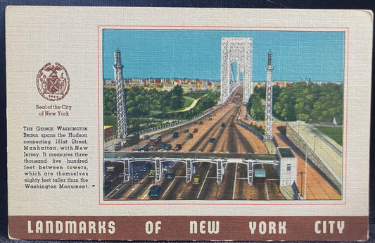 Landmarks of New York City - Seal of the City of New York - The George Washington Bridge - Vintage Postcard