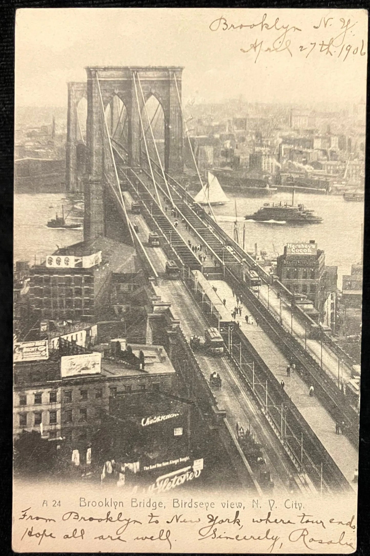 Brooklyn Bridge, Birdseye view, New York City - Vintage 1900s Postcard