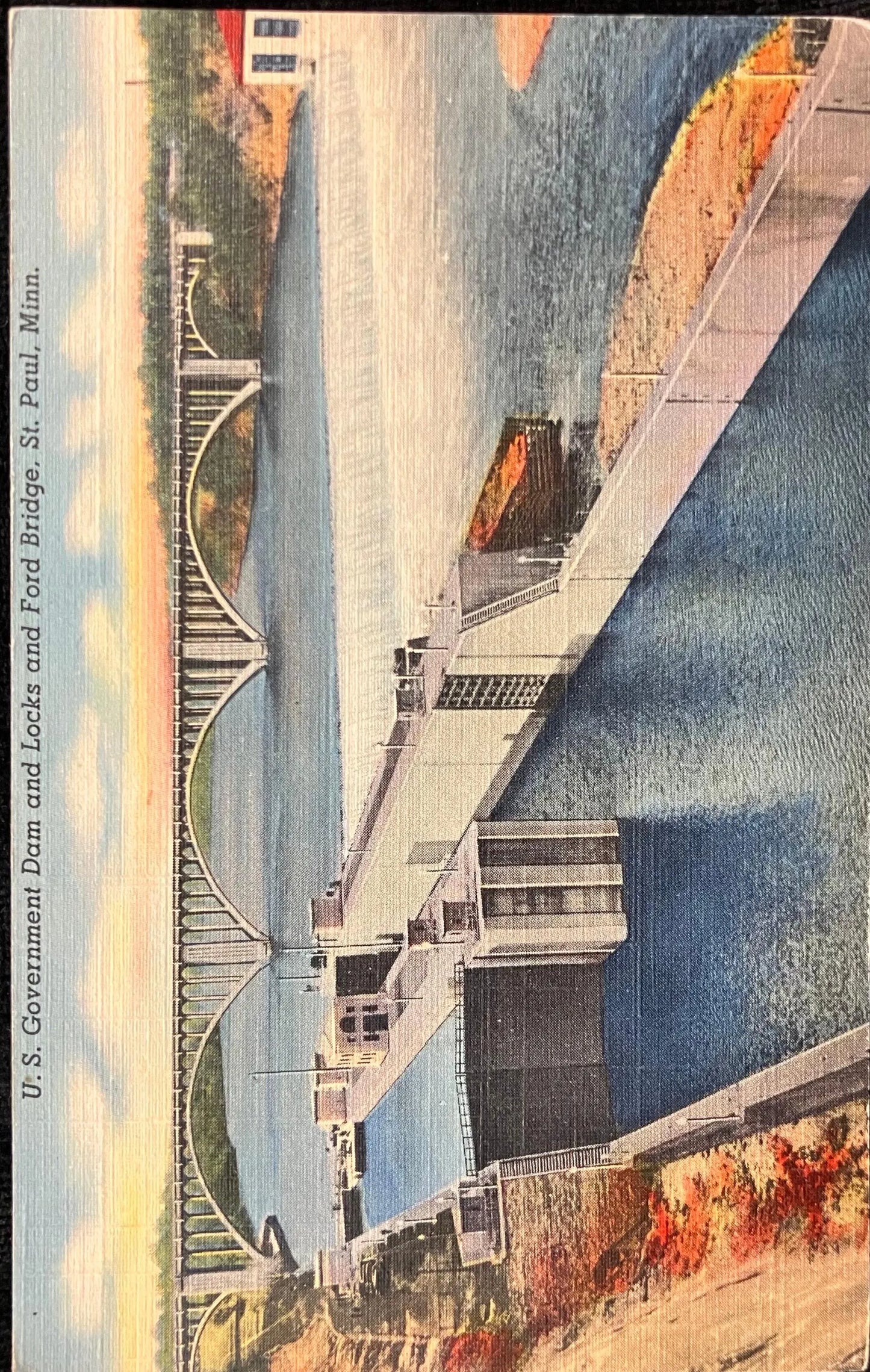 U. S. Government Dam and Locks and Ford Bridge, St. Paul, Minnesota - Vintage Bridge Postcard