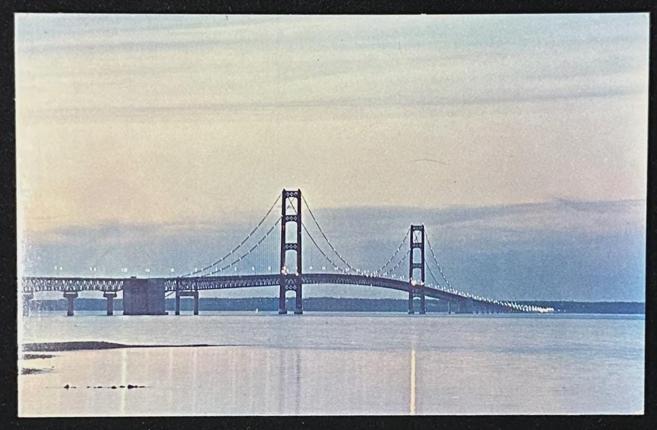 Mackinac Straits Bridge at Twilight, Michigan - Vintage Postcard