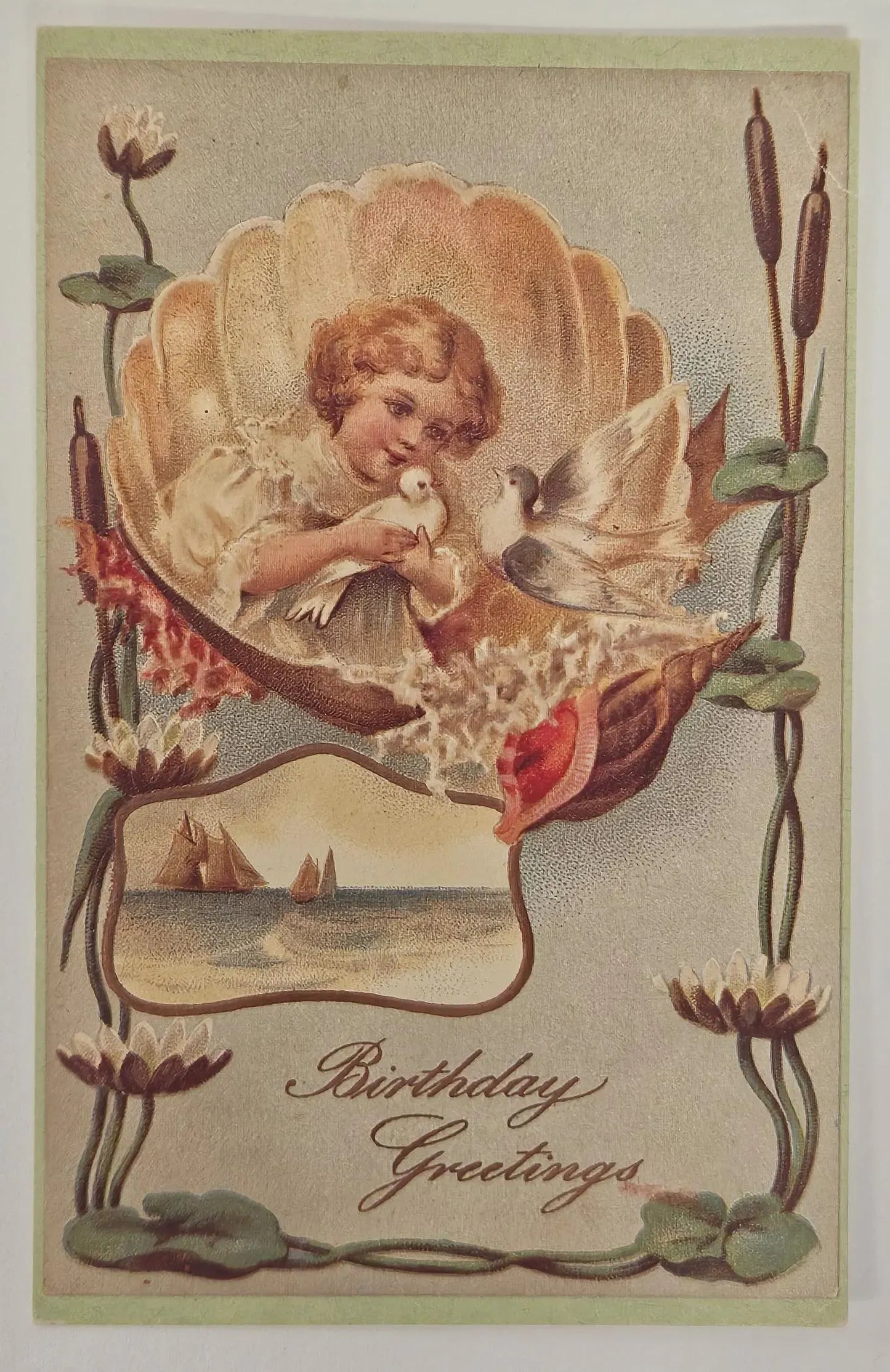 Birthday Greetings PostCard- Image of 1920s Child and Doves within a Sea Shell by Lotus Flowers - Vintage postcard