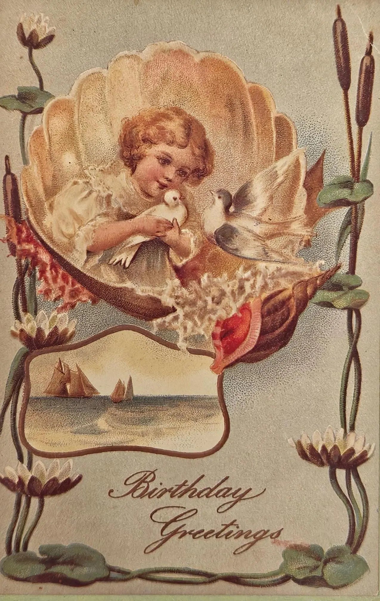 Birthday Greetings PostCard- Image of 1920s Child and Doves within a Sea Shell by Lotus Flowers - Vintage postcard